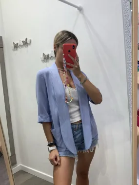 Giacca azzurra effetto lino a maniche corte