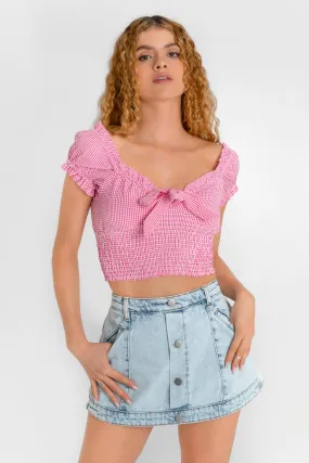Top de cuadros escote nudo con lazo